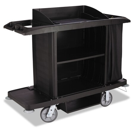 Rubbermaid Commercial Housekeeping Cart, Plastic, 3 Shelves, 2 Bins, 22" x 60" x 50", Black FG618900BLA